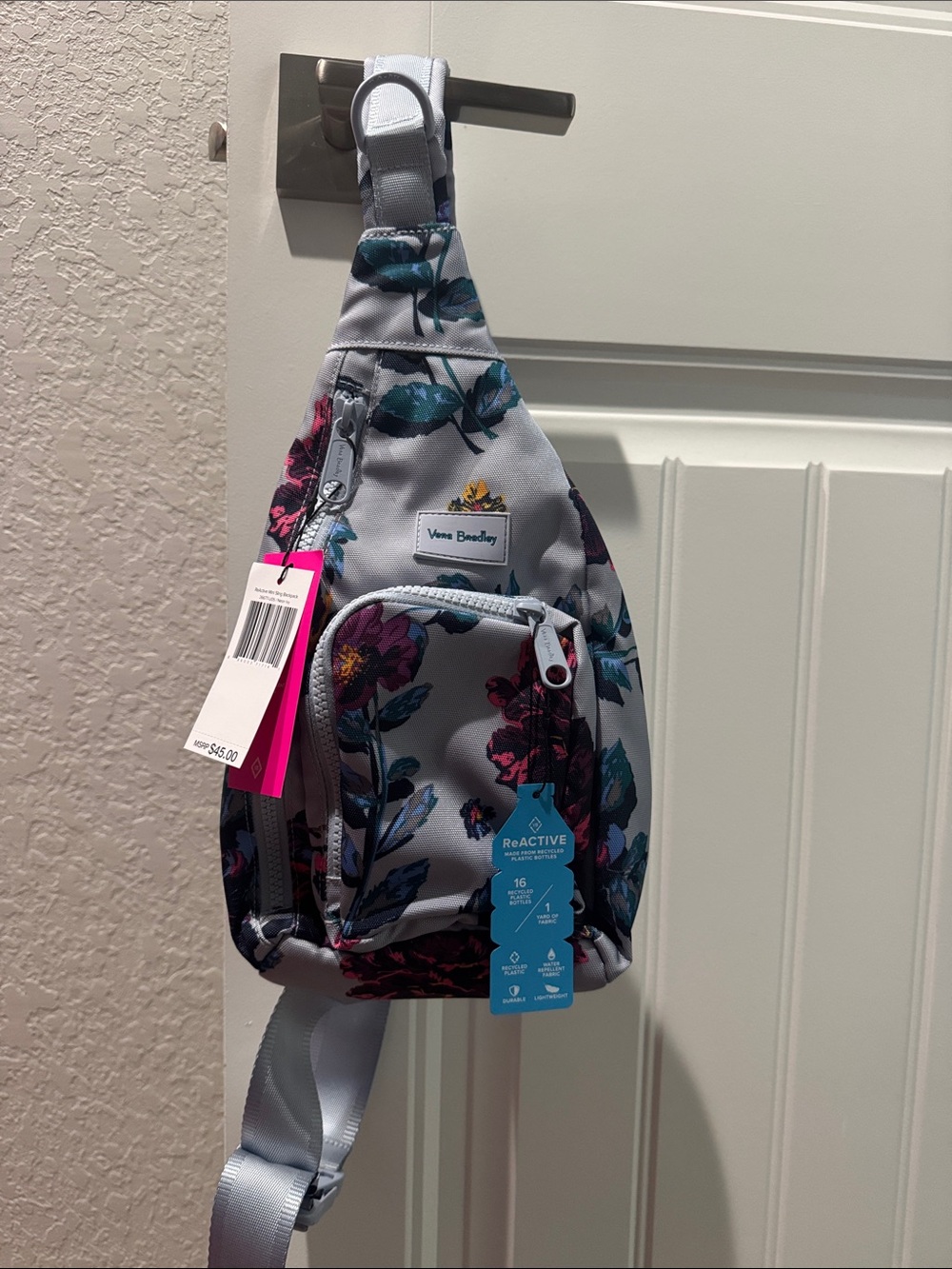 Vera Bradley Light Gray Floral Crossbody Sling Bag with Teal and Pink Accents